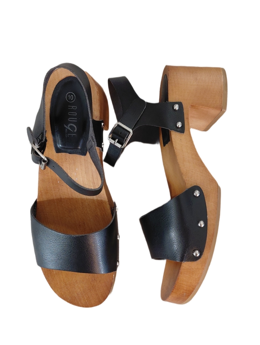 Rouge! Black Leather Wood-Platform Clog Sandals Women's Size 10